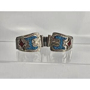 Vintage Native Sterling Watch Band w/Turquoise &‎ Coral